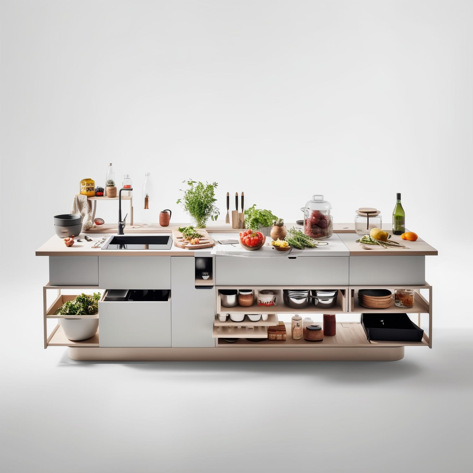 Interior of culinary studio with counters and ingredients