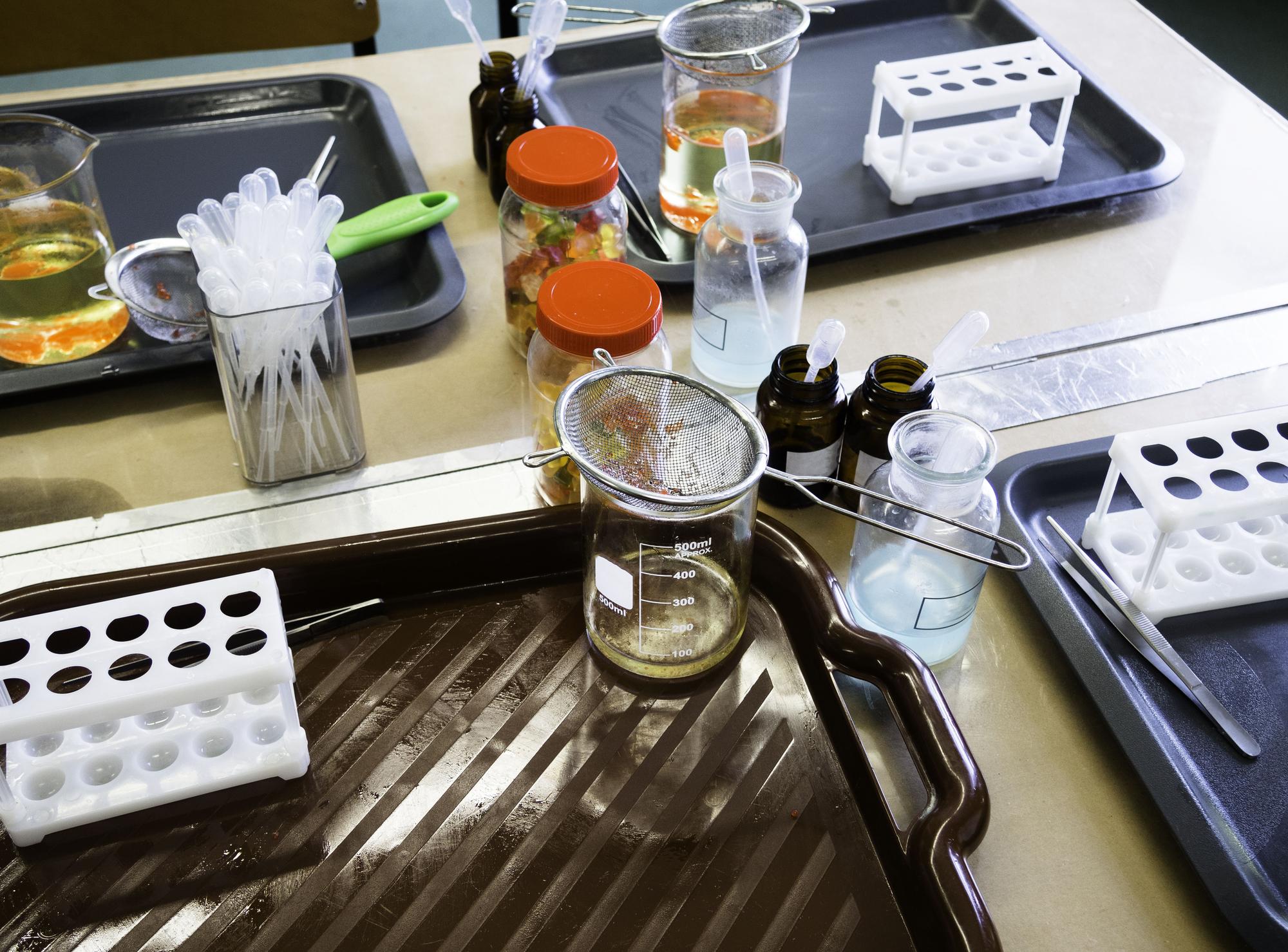 Test kitchen bench with lab-style instruments