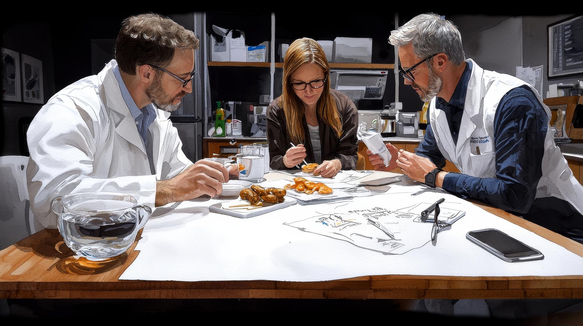 Chef and scientist discussing notes over a table